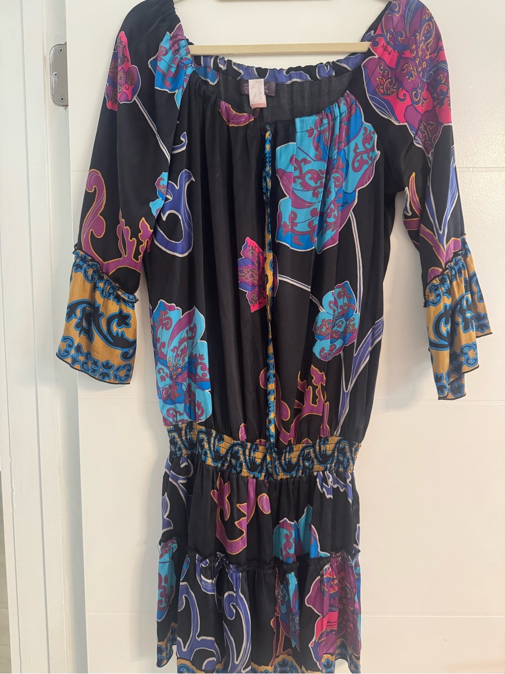 Hale Bob Black Mini Dress with Blue, Pink and Gold Floral Print